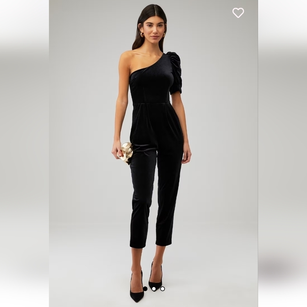 YUMI KIM Donna Black Velvet Puff Sleeve One-Shoulder Jumpsuit Size X-Small